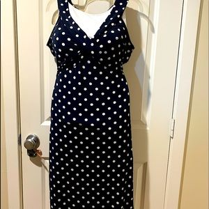 Loft sundress. Navy blue with while polkadots. Size 12P . Midi 40” shoulder/hem